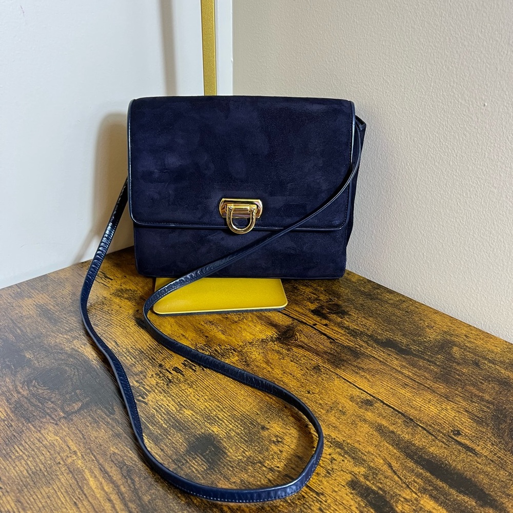 Classic Navy Suede Crossbody Bag with Gold Clasp